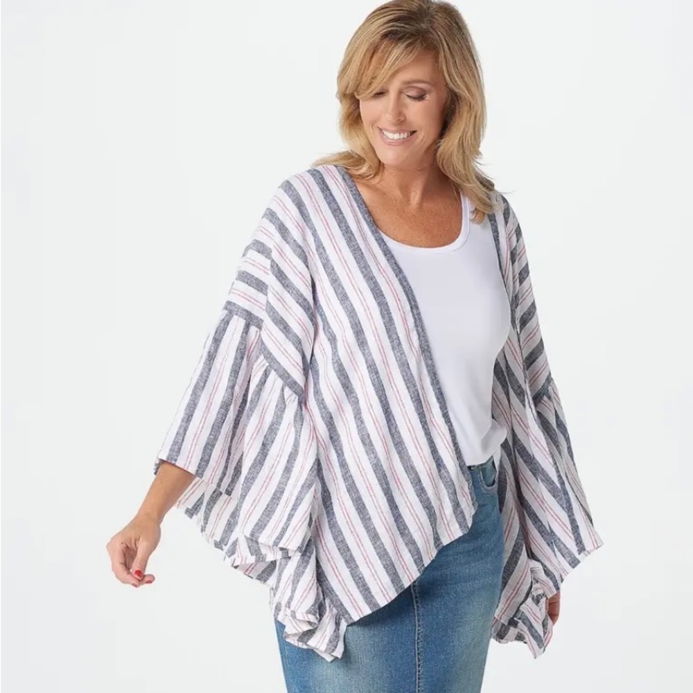 Laurie Felt Los Angeles linen-blend striped kimono with flutter sleeves.